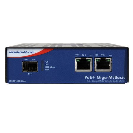 Standalone PoE+ Media Converter, 1000Mbps, SFP , AC adapter (also known as PoE+ Giga-McBasic 852-11911)
